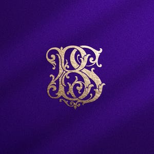 May include: A gold-colored, ornate, calligraphic monogram featuring the intertwined letters B and S. The design displays intricate, swirling filigree details and a metallic texture, set against a solid, deep purple, textured background.