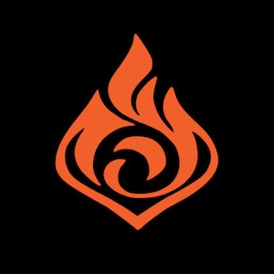May include: An orange stylized flame design with a black swirl inside. The flame is in the shape of a diamond.