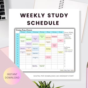 May include: A printable weekly study schedule planner with a pastel color scheme. The planner includes days of the week, time slots, and space for writing assignments, notes, and to-do lists. The text "WEEKLY STUDY SCHEDULE" is at the top of the planner.