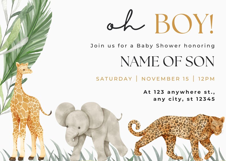 Safari Jungle Baby Shower Invitation Template Customizable Digital