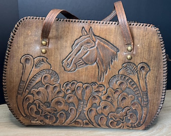 Horse Floral Western Design Brown Leather Hand-Tooled Purse Bag, Vintage & Rare