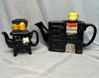 Novelty Teapots, Black 1950s-Style Kitchen Stoves, Set of 2 Vintage Collectibles
