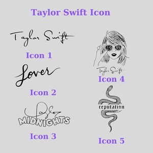 May include: Five black and white illustrations of Taylor Swift album covers. The first image is her signature. The second image is the word "Lover" in cursive. The third image is the word "MIDNIGHTS" in a stylized font. The fourth image is a drawing of Taylor Swift wearing sunglasses with the number "1989" on them. The fifth image is a snake with the word "reputation" written below it.