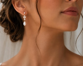 Bridal Pearl Earrings, Wedding Jewelry, Bridesmaid Gifts, Dainty 14K Gold Plated Earring, Diamond Pearl Earrings