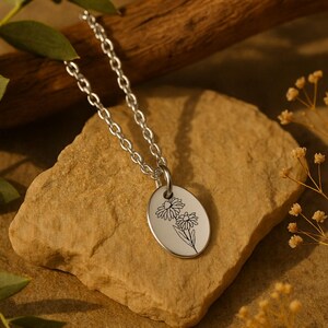 Birth Flower Necklace, Engraved Floral Pendant, Personalized Jewelry Gift