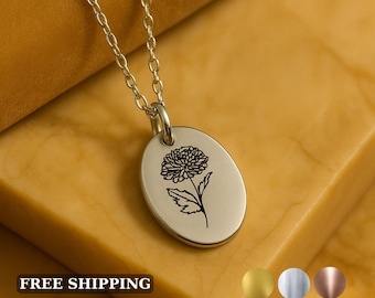 Birth Flower Necklace, 18K Gold Plated, Personalized Floral Pendant