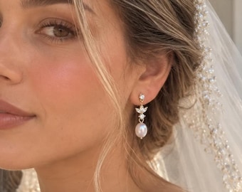 Pärlörhängen för brudpar, Bröllopssmycken, Brudtärnepresenter, Eleganta örhängen med 14 karat guldplätering, Diamantpärlörhängen