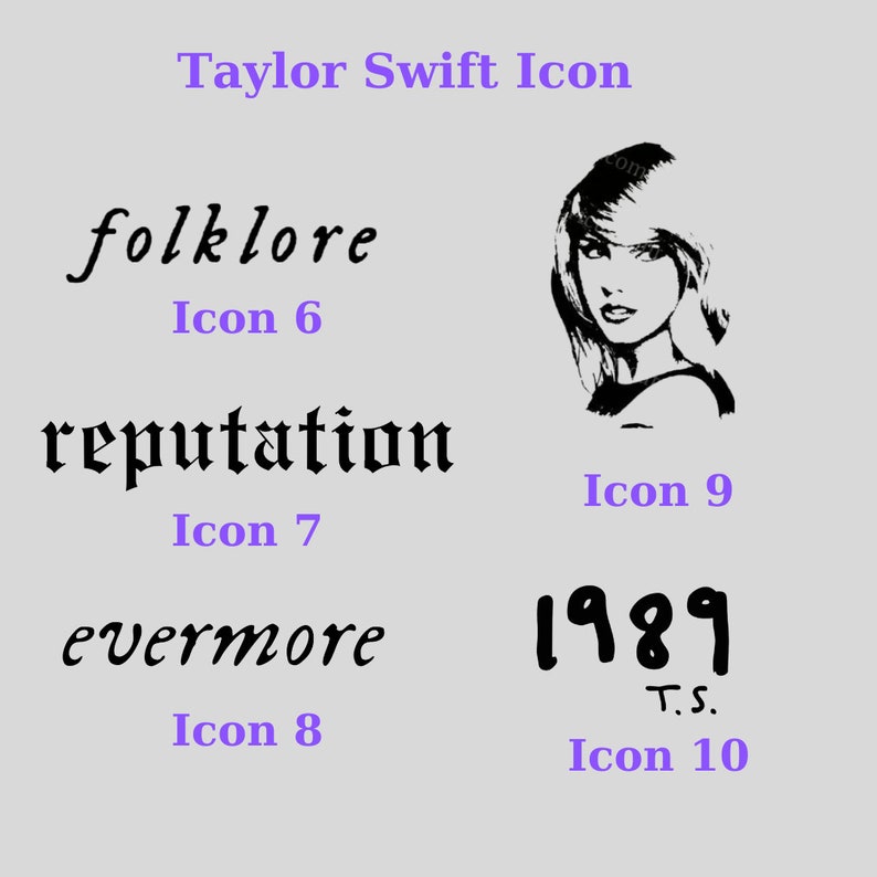 May include: A black and white image of four different album covers by Taylor Swift. The album covers are for "folklore", "reputation", "evermore", and "1989".