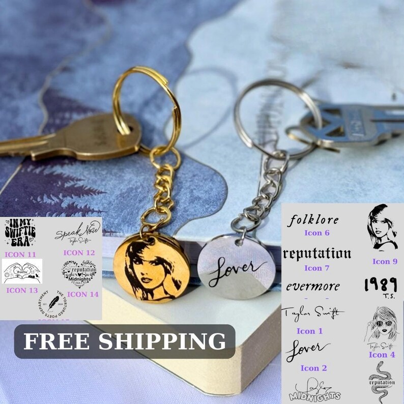May include: Two gold and silver keychains with round metal charms. The gold charm has a portrait of Taylor Swift and the silver charm says "Lover". The keychains are surrounded by small squares with images and text related to Taylor Swift albums, including "Speak Now", "Reputation", "Folklore", "Lover", "1989", "Midnights", and "In My Swift Era". The text "FREE SHIPPING" is printed in large letters at the bottom of the image.