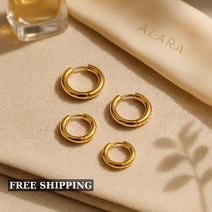 Gold Plated Hoop Earrings: Huggie Hoop Earrings, 8/10/12mm, Waterproof Stainless Steel, Hypoallergenic Earrings