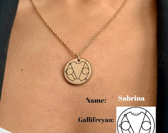 May include: A gold necklace with a round pendant featuring a Gallifreyan symbol. The pendant is engraved with a circular design and the text "Sabrina".