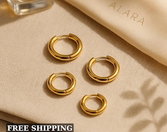 Gold Huggie Hoop Earrings: Stainless Steel ,Geometric Hoops, Waterproof, Mothers Day Gifts