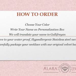 May include: How to order a personalized necklace. Choose your color, write your name, and we will translate it to Gallifreyan. The necklace is made of water-proof, hypoallergenic stainless steel and comes in a velvet box.