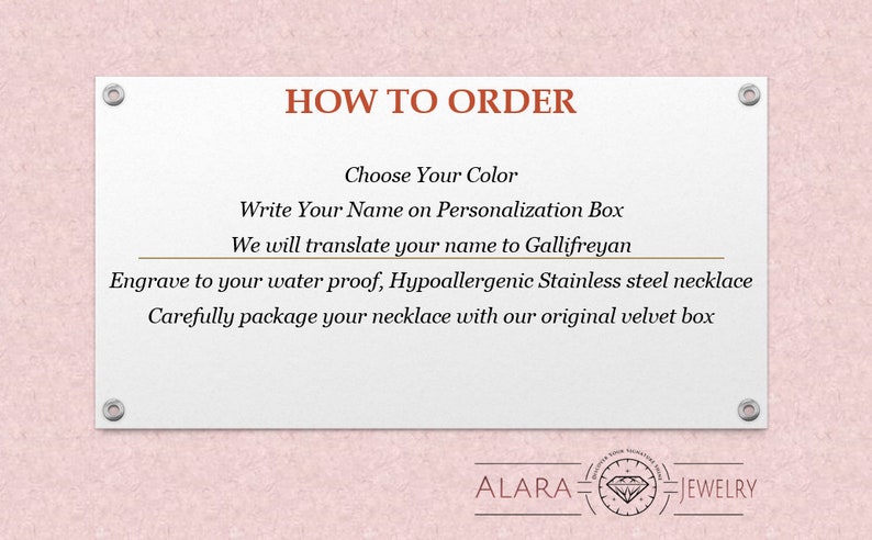 May include: How to order a personalized necklace. Choose your color, write your name, and we will translate it to Gallifreyan. The necklace is made of water-proof, hypoallergenic stainless steel and comes in a velvet box.