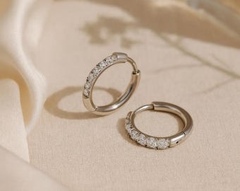 Diamond Huggie Hoop Earrings: Gold & Silver Pave, Stainless Steel, 18k Gold Plated, WATERPROOF