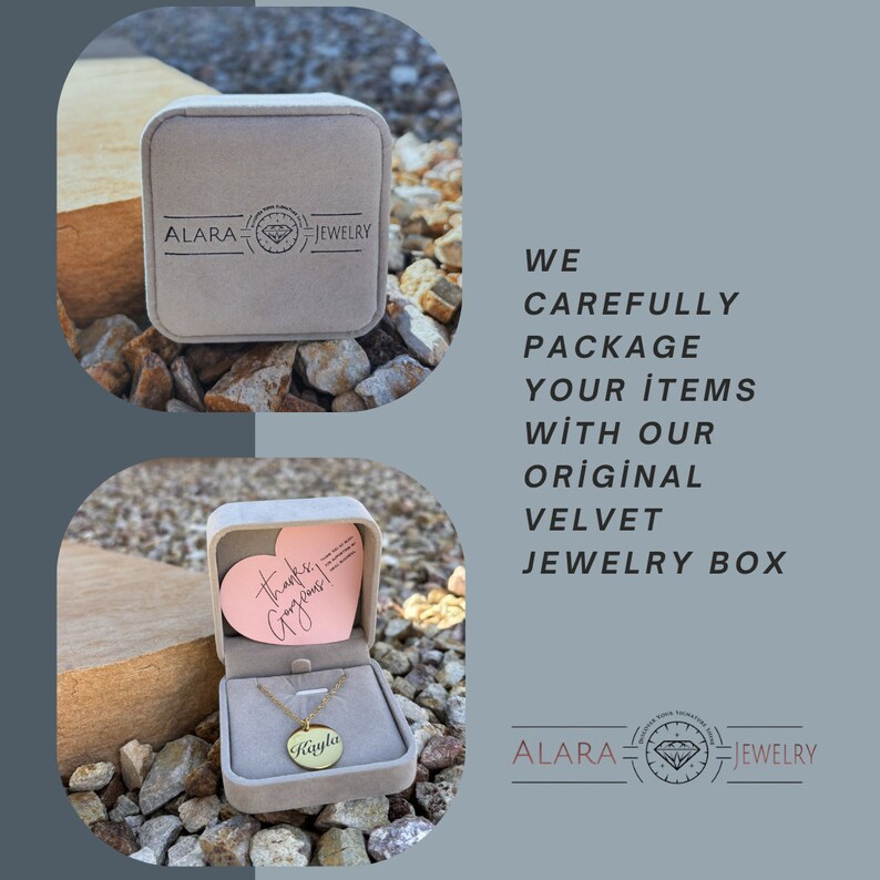 May include: A gold necklace with a round pendant that says "Kayla" in a cursive font. The necklace is displayed in a pink velvet jewelry box with a heart-shaped card that says "Thanks Gorgeous!" The box is sitting on a bed of small, gray rocks. The image also includes the text "ALARA JEWELRY" and "WE CAREFULLY PACKAGE YOUR ITEMS WITH OUR ORIGINAL VELVET JEWELRY BOX".