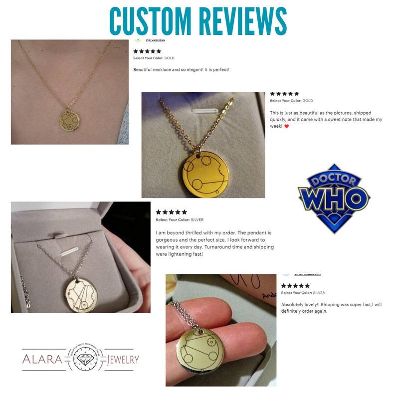 May include: Customer reviews for a gold and silver necklace featuring a round pendant with a Doctor Who symbol. The pendant is engraved with a circular design and the text "Doctor Who".