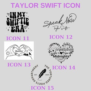 May include: A collection of 5 black and white icons featuring different designs related to Taylor Swift's music. The icons include the text "In My Swiftie Era", "Speak Now", "Swiftie 13", "Red 1989 Lover Speak Now Reputation Taylor Swift Midnights Fearless 1989", and "The Tortured Poets Department Est. 2024".