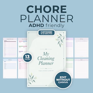 Könnte beinhalten: Ein hellblauer digitaler Aufgabenplaner mit dem Text "CHORE PLANNER ADHD friendly". Der Planer umfasst 13 Seiten und ist in 2 Minuten anpassbar. Auf dem Cover steht "My Cleaning Planner".