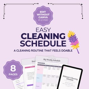 Könnte beinhalten: Ein digitaler Reinigungsplan mit dem Text "Easy Cleaning Schedule" und "Edit Without Canva in 2 min". Das Bild enthält ein Tablet, mehrere gedruckte Seiten und eine Illustration eines lila und gelben Staubwedels. Die Worte "8 Pages" sind ebenfalls sichtbar.