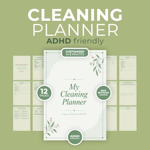 Könnte beinhalten: Ein grüner und weißer Reinigungsplaner mit dem Text "CLEANING PLANNER ADHD friendly". Der Planer umfasst 12 Seiten und ist in 2 Minuten anpassbar. Auf dem Cover steht "My Cleaning Planner".