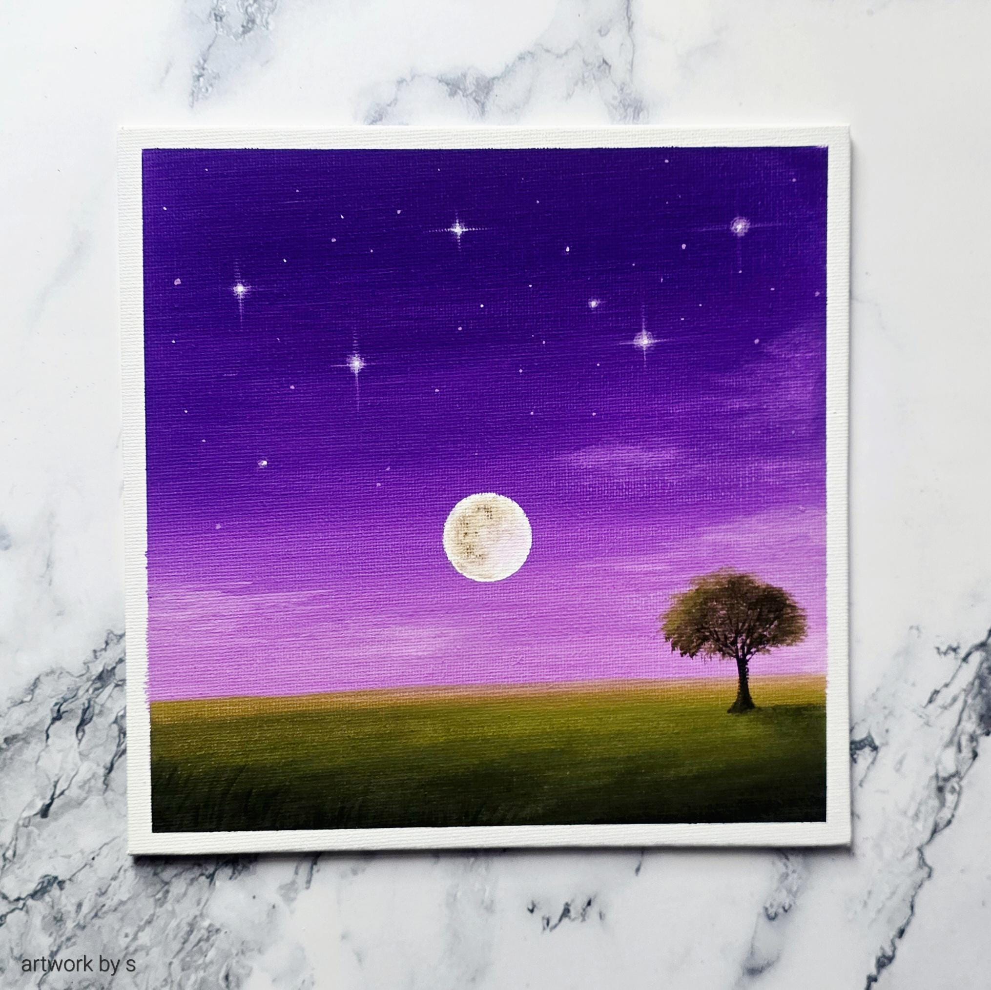 Original Acrylic Painting On Canvas Board Purple Sky Moonlight Night Sky Landscape Painting