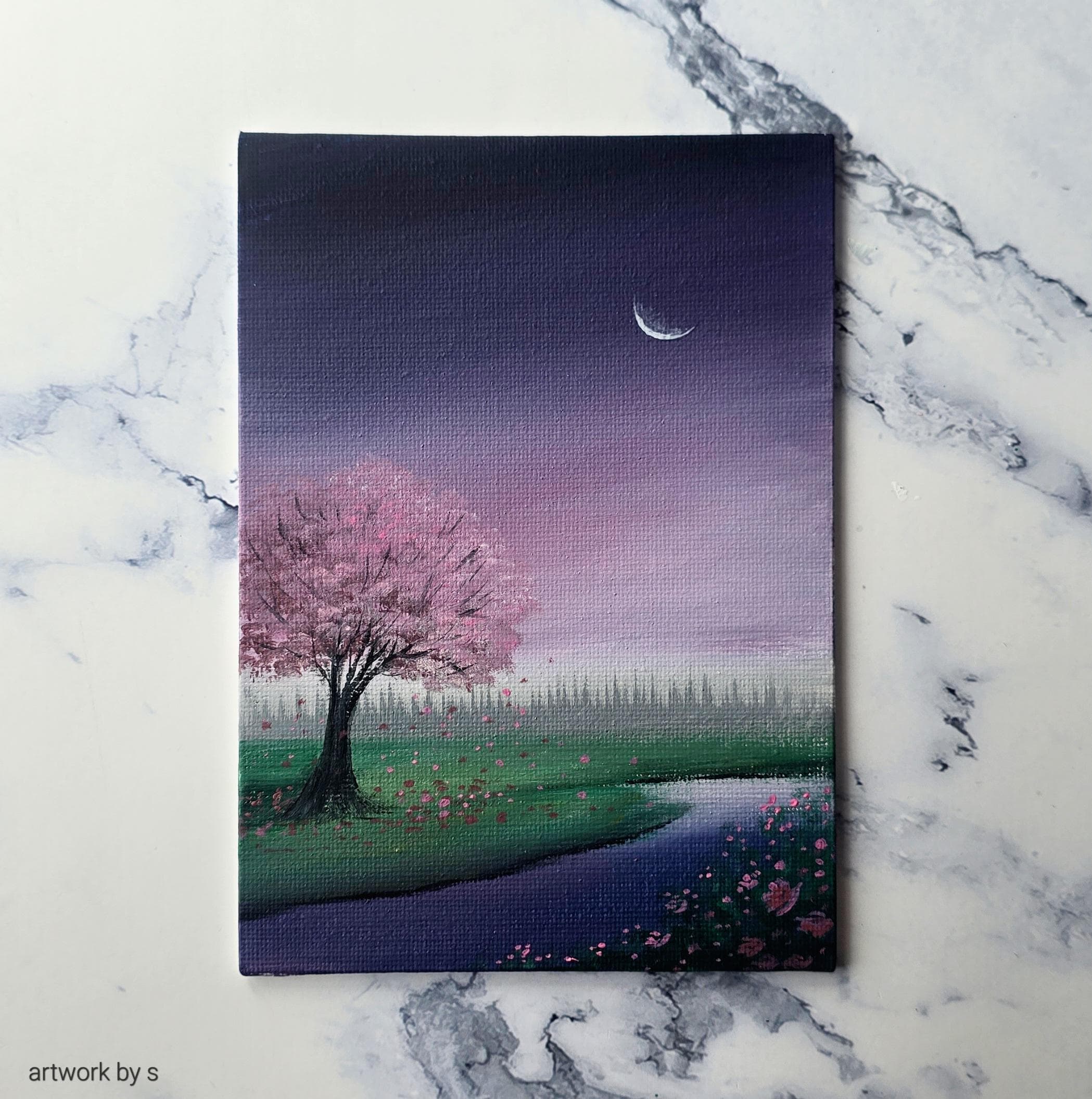 キャンバスボードに描かれたオリジナルアクリル画「紫の空と桜の木 