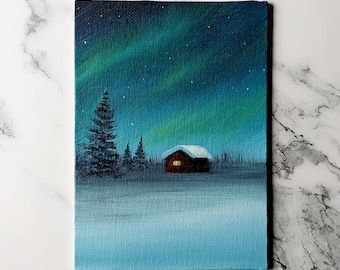 Original Acrylic Painting On Canvas Board Aurora  Northern Lights Painting