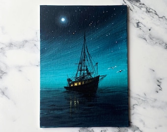 Original Acrylic Painting On Canvas Board Night Sky Seascape Ocean Painting
