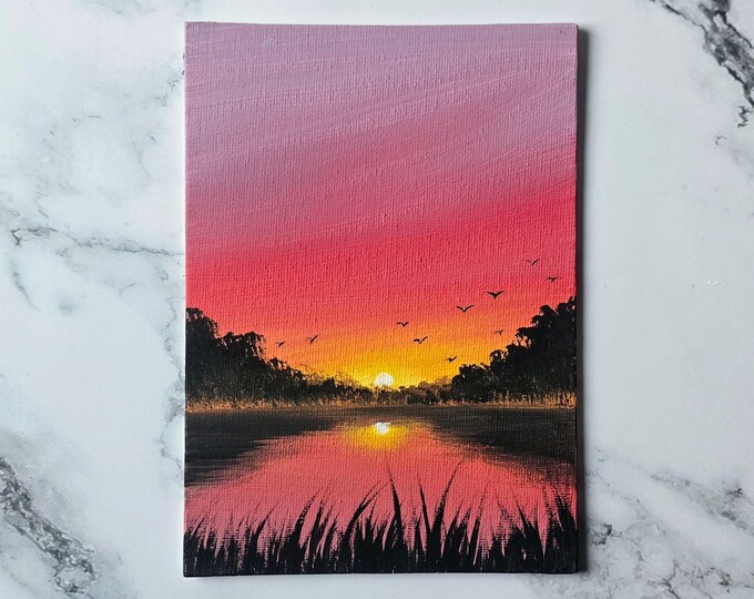 Original Acrylic Painting on Canvas Board Sunset Lake Painting - Etsy