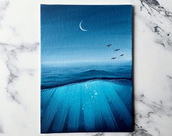 キャンバスボードに描かれたオリジナルのアクリル画 水中の海の風景画