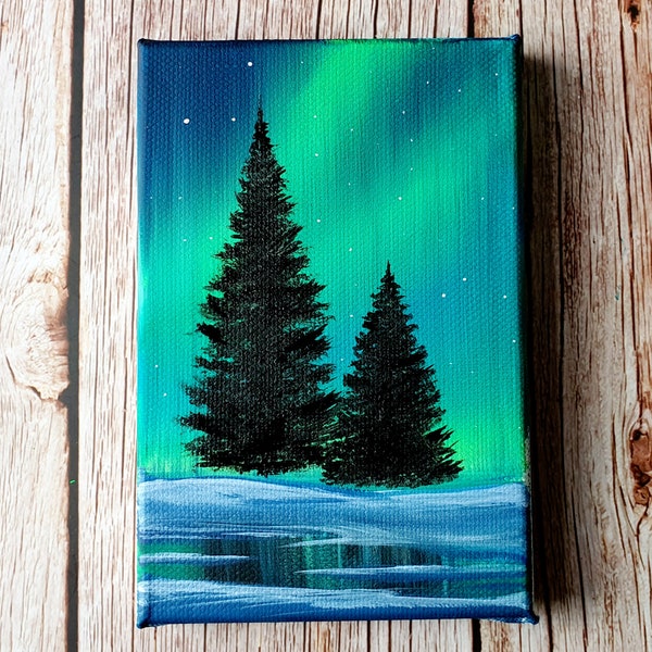 Original Acrylic Painting On Canvas Aurora Borealis Northern Lights Sky Winter Landscape Wall Art