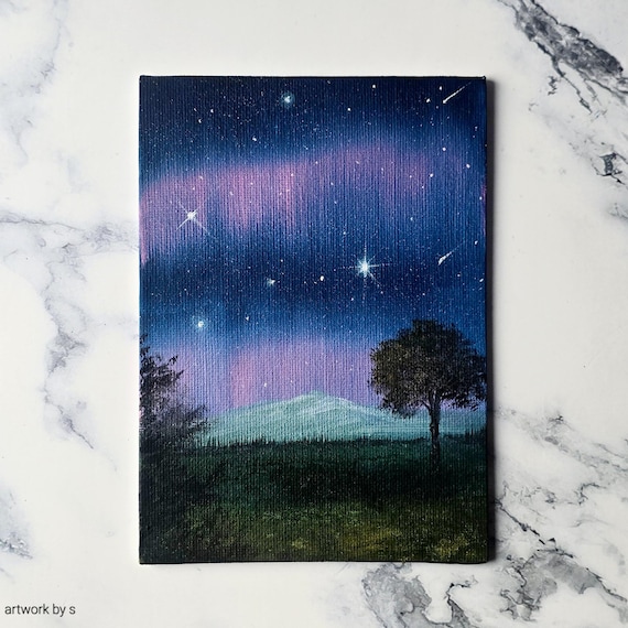 キャンバスボード キャンバス 夜空 星空とカラフルなオオカミの原画