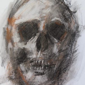 Halloween skull, charcoal drawing, print by Wil Kinsey