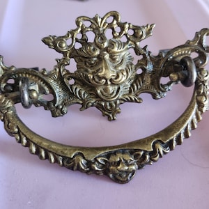 May include: A gold-toned metal door pull with an ornate design featuring a lion's head and intricate scrollwork.