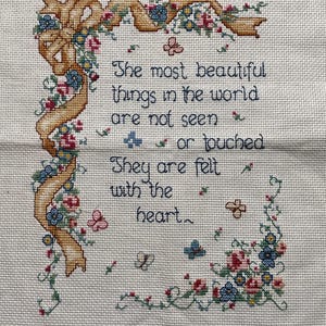 Vintage Floral Cross Stitch: "Felt in the Heart" Saying, 12x15