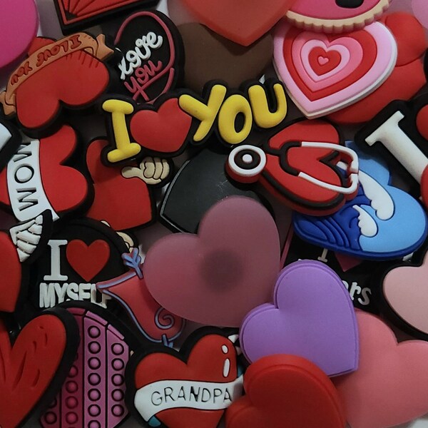 HEARTS & LOVE Shoe Charms | I Love | You | Myself | Mom | Dad | Grandma | Grandpa | Medical, Red, Black, Brown, Purple, Pink Hearts