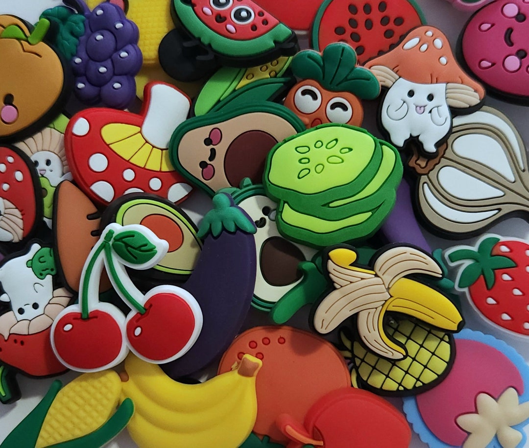 FRUIT & VEGETABLES Croc Charms Apple Strawberry Orange Cherry Peach Tomato Corn Eggplant Garlic