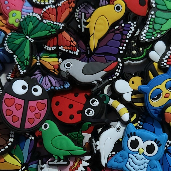 Flying INSECTS & Exotic BIRDS Croc Charms | Butterfly | Moth | Dragonfly | Bumble Bee | Owl | Hummingbird | Toucan | Parrot | Cockatoo