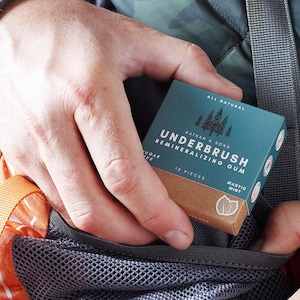 Peut inclure: Une boîte rectangulaire de gomme reminéralisante Underbrush de Nathan & Sons. L'emballage est bleu sarcelle et marron, avec un graphique de sapins, le texte "All Natural", "18 Pieces" et "Mastic Mint". La boîte est indiquée sans sucre.