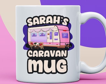 Individuelle Wohnwagen-Tasse für Sie - personalisiertes Camper Van Geschenk, lustige Glamping-Kaffeetasse mit Namen, weibliches Camper-Design