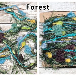 May include: Two images of decorative yarn bundles. The yarn features a mix of textures and colours, including teal, green, purple, and yellow. The word "Forest" is written in black text at the top of the image.