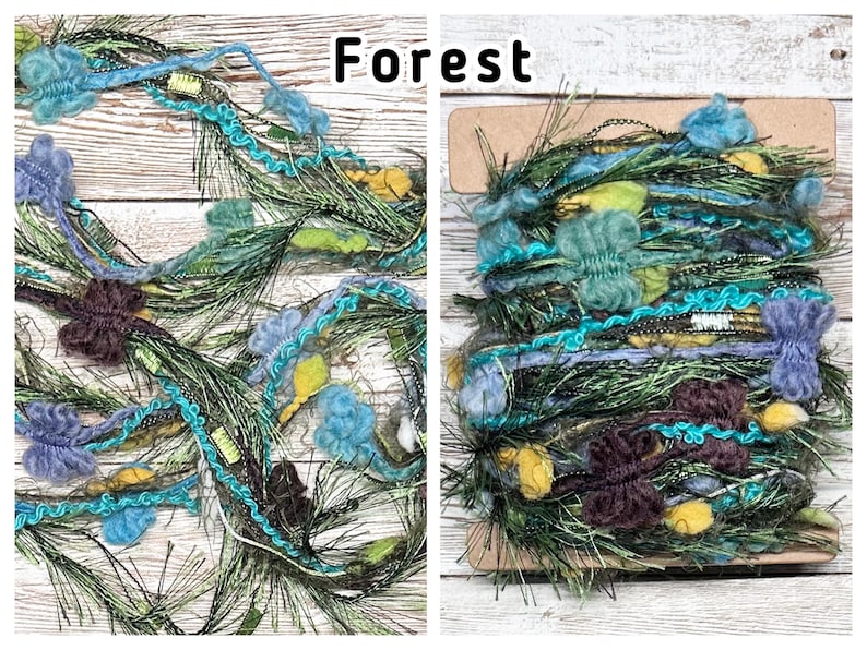 May include: Two images of decorative yarn bundles. The yarn features a mix of textures and colours, including teal, green, purple, and yellow. The word "Forest" is written in black text at the top of the image.