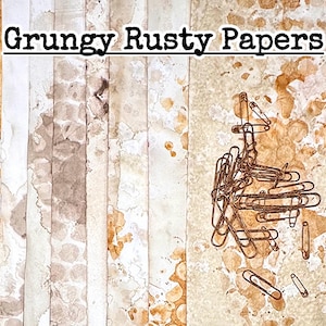 May include: A collection of vertical paper strips featuring a distressed, stained appearance with brown and tan mottled patterns. The text Grungy Rusty Papers is centered at the top. A cluster of metallic, copper-toned paper clips rests on the right side.