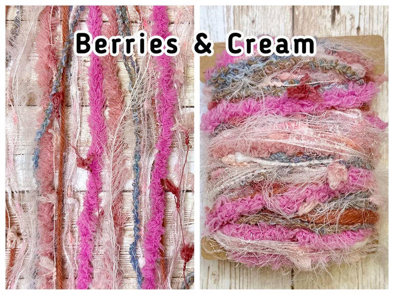 May include: Textured yarn in pink, cream, and blue. The yarn is labelled "Berries & Cream" and is suitable for various craft projects. The yarn is on a wooden surface. The yarn is suitable for knitting and crochet.