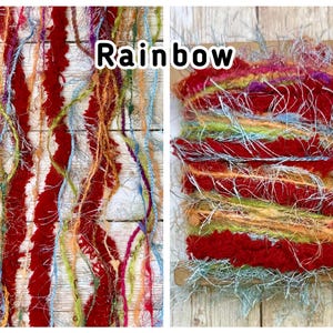 May include: Two images of colourful yarn. The left image shows vertical strands of red, orange, blue, and green yarn. The right image shows a spool of yarn with the word "Rainbow" on it. The yarn is red, orange, green, and blue.