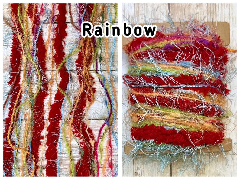 May include: Two images of colourful yarn. The left image shows vertical strands of red, orange, blue, and green yarn. The right image shows a spool of yarn with the word "Rainbow" on it. The yarn is red, orange, green, and blue.