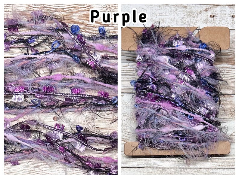 May include: A spool of purple yarn with a mix of textures, including fuzzy, metallic, and beaded elements. The yarn is a blend of light and dark purples, black, and silver, with the word "Purple" in the image.