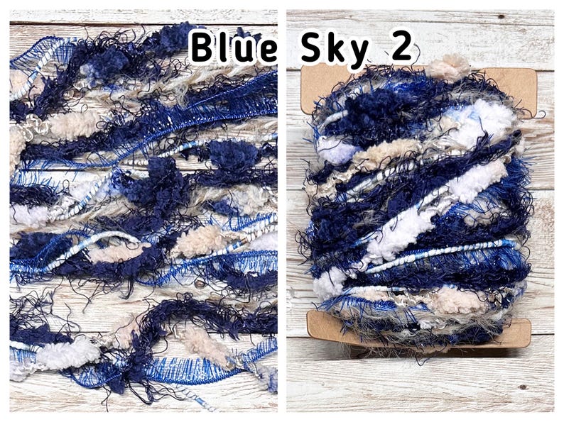May include: Two images of Blue Sky 2 yarn. The yarn is a mix of dark blue, light blue, white, and beige fibres. The yarn has a textured, fluffy appearance. The text "Blue Sky 2" is visible in the image.