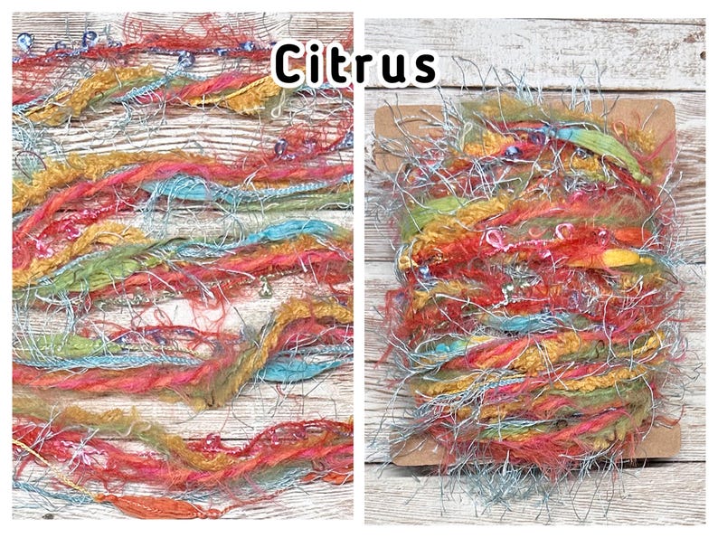 May include: A colourful bundle of textured yarn in shades of orange, red, yellow, green, and blue, with silver metallic strands. The word "Citrus" is displayed in the image. This yarn is suitable for various craft projects.